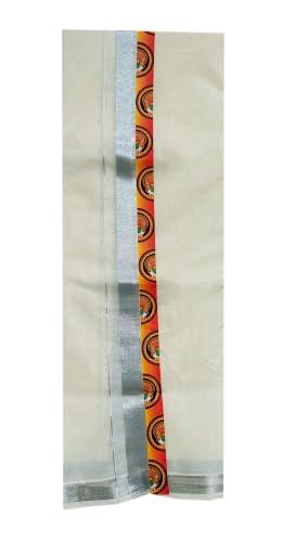 Image of Mens Print along with Border 100% Cotton Cream Dhoti 4.00 Meters Double Mundu /Vesti