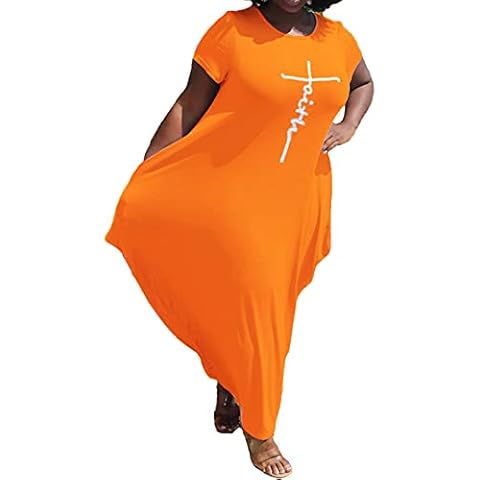 ZAWARA Womens Faith Dress, Oversize Casual Faith TShirt Dress Irregular Hem Splicing Long Dress with Pocket Orange, 3XLarge Cover
