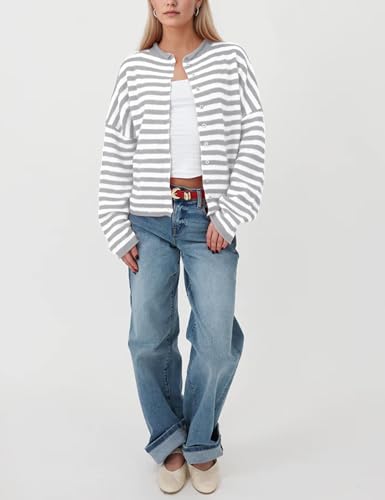 OLAPTA Women Striped Cardigans Open Front Button Down Long Sleeve Knit Lightweight Loose Fit Casual Fall Sweater Tops 20254