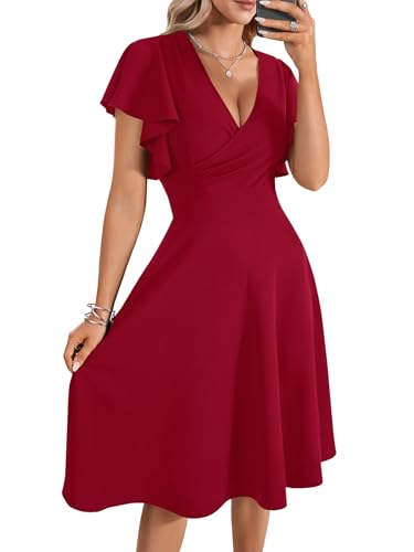 Image of LYANER Women's Warp V Neck Ruffle Short Sleeve A Line Swing Flared Cocktail Party Midi Dress