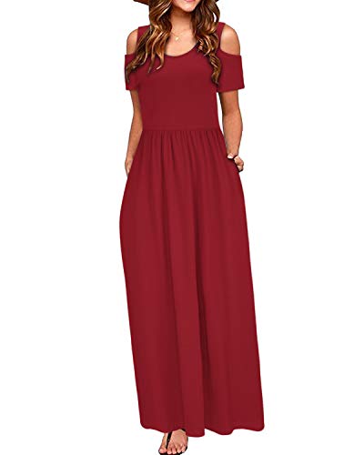 STYLEWORD Womens 2026 Wine Cold Shoulder Short Sleeve Summer Casual Maxi Long Dress Vestido with Pocket(Wine,M)