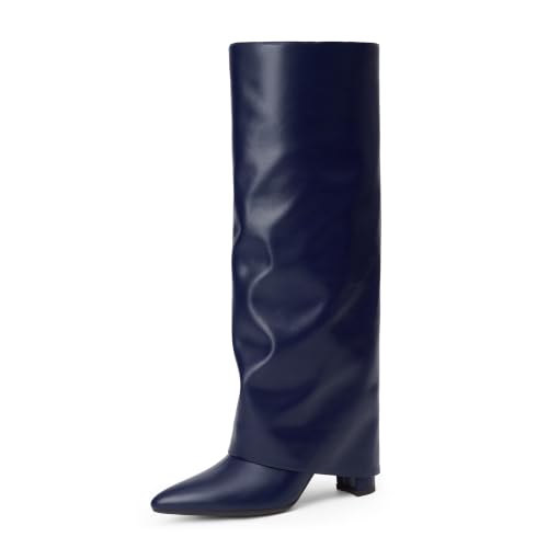 Knee High Boots Women Fold Over Boots Chunky Heel Pointed Toe Tall Boots | Fashion Slouchy Boots,Side Zipper Shark Boots,Fall Spring Winter Fashion Dress Tall Boots,Evening Bridal office Lon