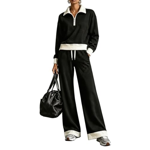 Houjibfa 2 Piece Sweatsuits For Women Color Block Tops Wide Leg Pants Set - image 2
