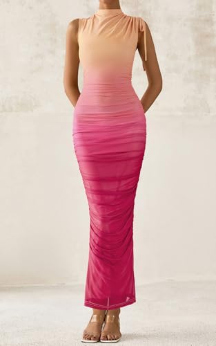 PRETTYGARDEN Women's Summer Maxi Floral Dresses Ruched Bodycon Sleeveless Mesh Formal Wedding Guest Cocktail Split Long Dress