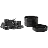 Stone Lain 32-Piece Black Matte Dinnerware Set + 4-Piece Black Stoneware Pasta Bowl Set