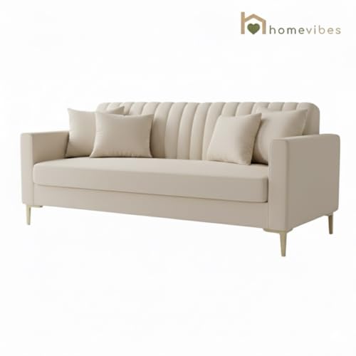 Image of 3 Seater Velum Fabric Sofa Set for Living Room, Modern Design with High Density Foam, Solid Wood Frame, Ergonomic Comfortable Seating for Home & Office (Beige, 3 Seater) | Soft foam comfort, Strong wood frame
