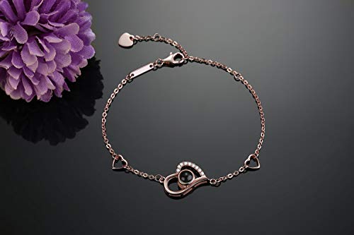 OneSight Women Love Heart Projection Bracelet or Anklet Jewelry, 925 Sterling Silver Memory of Love Bracelet or Anklet - 100 Different Languages for I Love You (Rose Gold Bracelet) - Image 4