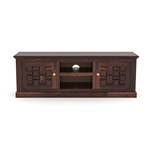 Image of Wooden TV Unit for Living Room | TV Cabinet with Storage Doors & Shelf | TV Stand Wooden | Entertainment Unit Furniture | TV Console Table | Walnut Finish