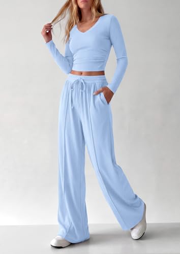 PRETTYGARDEN Women's 2 Piece Lounge Sets Matching Clothing, Light Blue,XL — view 3