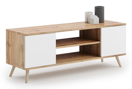 KOBI Mobile TV Focus 135 | Stile scandinavo su gambe in legno | Mobile TV per soggiorno e sala da pranzo (rovere dorato - bianco)