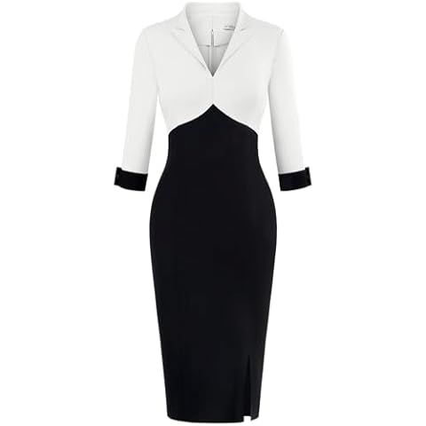 MUXXN Women's Work Pencil Dresses V Neck 3/4 Sleeve Midi Formal Vintage Cocktail Wear to Work Dress Off White-Black XL Cover
