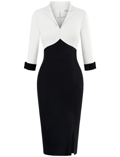 MUXXN Women's Vintage 3/4 Sleeve V Neck Midi Colorblock Business Formal Work Bodycon Pencil Dresses