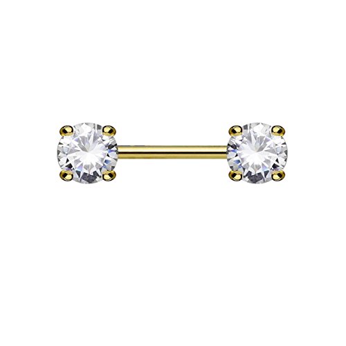 beyoutifulthings Brustwarzen- und Nippel-Piercing 2 Grosse RUNGE ZIRKONIA Brust-Piercing Edelstahl Gold Clear Stab 1,6mm 12mm