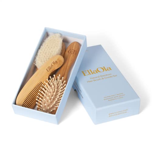Natural Bamboo Hair Brush & Comb Set, 3 Piece – Cradle Cap Brush, Massage Hair Brush, Bamboo Comb for Toddlers, Newborns & Infants I Baby Registry Gift
