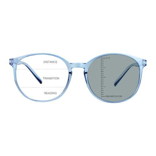 Image of Vintage Round Progressive Multifocal Presbyopic Glasses, Photochromic Gray Sunglasses for Men Women Readers (Clear Blue,+0.75 /+3.25 Magnification)