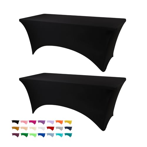 BDDC Table Covers for 6 Foot Tables, 2 Pack Black Washable and Wrinkle Resistant Stretch Tablecloths Rectangle 6ft for Events, Wedding, Banquets, Parties