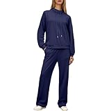 QJDFLL Lässige Langarmhose mit Kordelzug in der Taille für Herbst und Winter, bequemes stilvolles zweiteiliges Outfit(Marine,S)