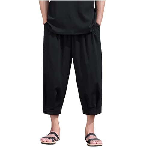 Zeiyignr Mens Cotton Linen Capri Pants Lightweight Loose 3/4 Long Shorts Elastic Waist Drawstring Casual Beach Yoga Trousers
