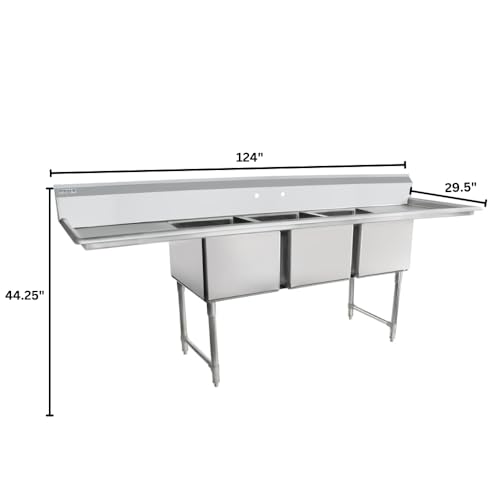 Image of EMPURA 124 inch Wide Stainless Steel Three Compartment Commercial Sink | Prep Utility 24 inch x 24 inch Bowl for Restaurant Laundry | (2) 24 inch Drainboard, 9.75 inch Backsplash, 124 inchW x 29.5 inchD x 44.25 inchH, 16 Gauge, NSF