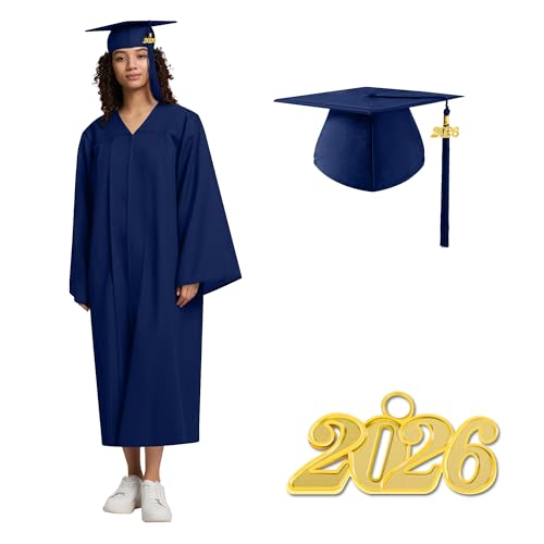 Image of 2026 Graduation Cap and Gown Matte Unisex for High School Bachelor | Heavyweight Matte Polyester, Zipper Closure, Adjustable Cap with 2026 Tassel, Sizes 39-60, Bulk Orders Available