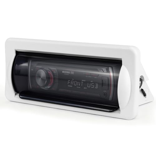 STUDIOFINIX Durable Water Resistant Marine Radio Cover Waterproof Boat Stereo Protector Shield with Flip-Up Door UV-Resistant ABS Housing Includes Mounting GasketWhite