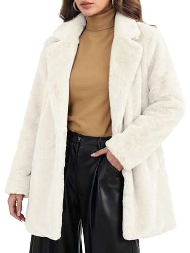Allegra K Women's Faux Fur Coat Lapel Warm Overcoat Winter Open Front Casual Long Fluffy Jackets Large White