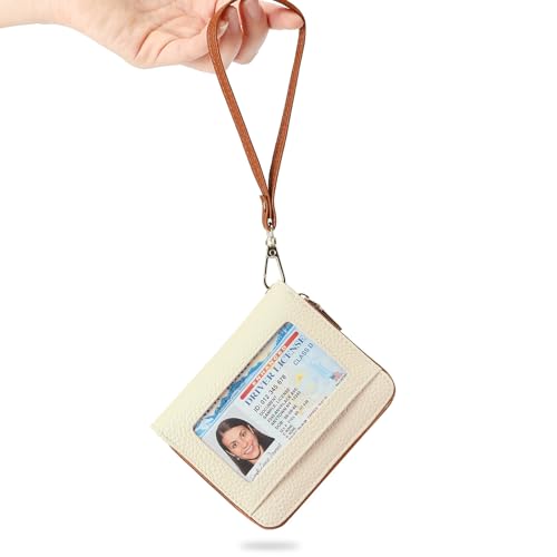 Image of GOIACII Small Wallet for Women RFID Blocking Credit Card Holder Ladies Compact Purse Zip Around Wristlet Vegan Leather White and Brown