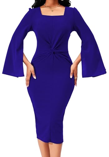 Image of Dresses for Women Elegant Long Sleeves Ruffles Pencil Knee Length Split Business Dress with Belt Zipper