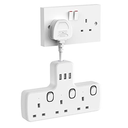 Mscien Multi Plug Adaptor, Plug Socket Extension with USB Slots,3 Way Individually Switched Plug Adapter