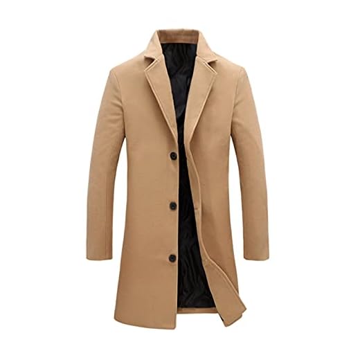 Tanming Mens Black Trench Coat Notched Lapel Single Breasted Long Peacoat Overcoat (Khaki-L)
