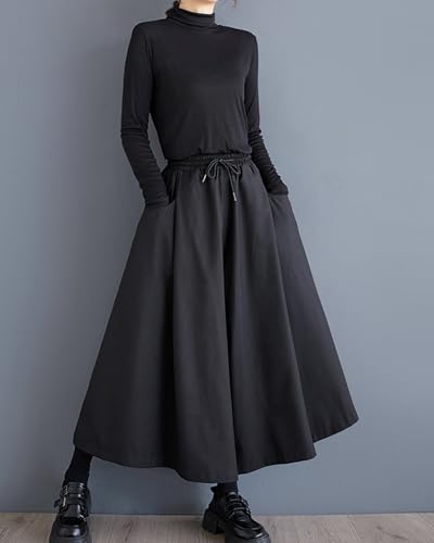 ellazhu Women's Pants Skirt Elastic Waist Wide Leg Pockets Solid Color Baggy Loose Oversize Trouser GZ317 A3