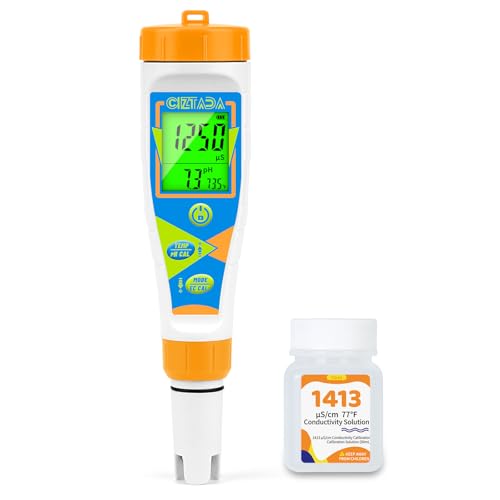 CIZTADA Digital pH Tester for Water pH EC PPM Meter for Hydroponics Nutrients with 1413μs/cm Calibration Solution pH Conductivity TDS Temperature Monitor Meter for Indoor Plant, Pool, Drinking Water