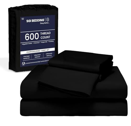 Image of SGI bedding 108 inch W x 80 inch L 4Pc Florida King Sheet Set 100% Egyptian Cotton - 600 Thread Count, Fits 18 inch Deep Pocket - Soft Breathable Oversized Sheets, for Extra Large Beds - Black