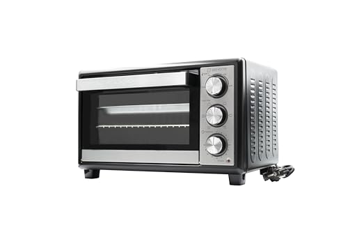 BEHOME Forno Elettrico Ventilato Piccolo 30L da tavolo, Temperatura fino a 230°, Timer 60 min, Forno elettrico da tavolo con griglia, teglia e sollevatore griglia inclusi, antiaderente, doppio vetro