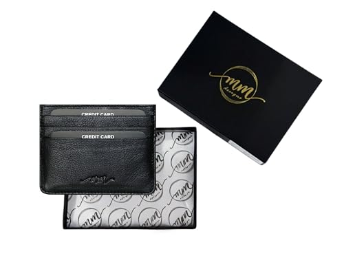 Image of MM Designs Slim and Compact Leather Credit Card Holder for Men and Women | Genuine Leather RFID Blocking Protection | Minimalist Card Wallet with 6 Card Slots | Black