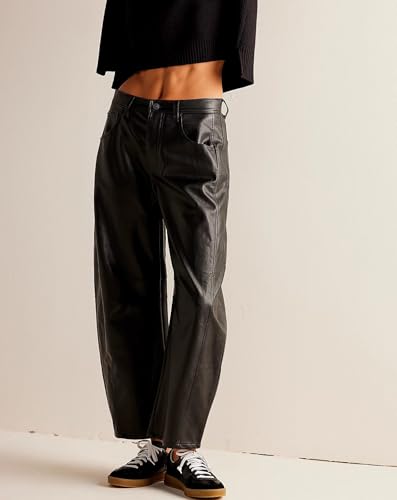 Women Faux Leather Pants Low Rise Baggy Barrel Jeans Wide Leg Trousers with Pockets Black2