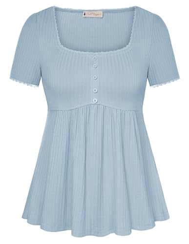Image of Belle Poque Women's Summer Cute Tops Short Sleeve Babydoll Peplum Top 2026 Square Neck Casual Shirts Teen Top Tee