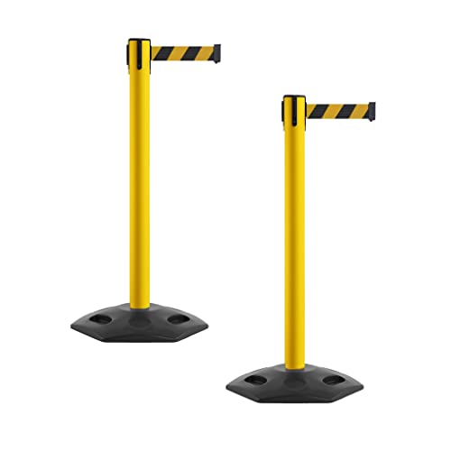Montour Line MSR650 Set of 2 Retractable Belt Barrier Stanchion, Heavy-Duty Rubber Base, Yellow Steel Post (16 ft Black and Yellow Diagonal Belt)
