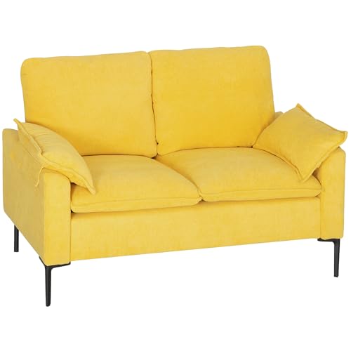 HOMCOM Divano 2 Posti Imbottito in Tessuto Spugna con Cuscini Rimovibile, Divanetto Salvaspazio Moderno con Braccioli e Gambe in Metallo per Soggiorno, Salotto e Camera da Letto, 130x77x84 cm, Giallo