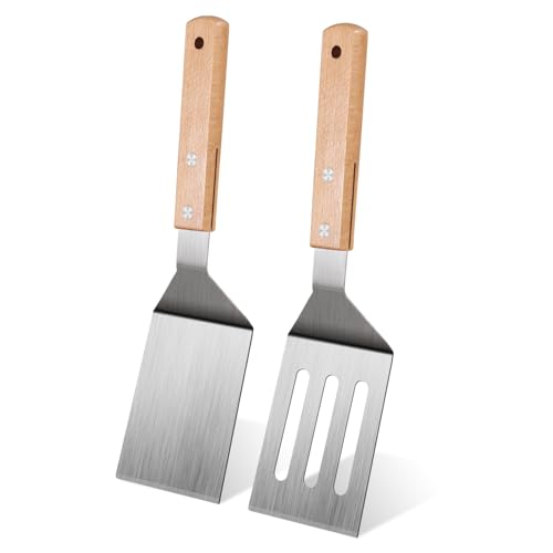 Stainless Steel Spatula Set, 2 Pcs Metal Spatulas for Kitchen Use, Professional Metal Spatula for Cast Iron Skillet with Wooden Handle, Ideal Choice for Making Desserts, Pancakes, Eggs, and BBQ