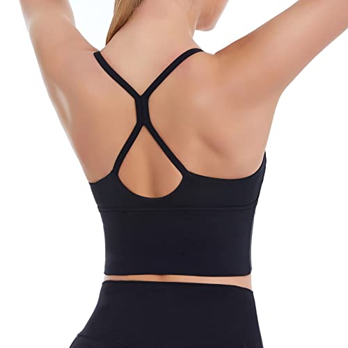 Mathacino Sports Bras Longline Fitness Crop Tops Tank Gym Camisole Yoga Running Shirts V-Neck Spaghetti Strappy Workout Yoga Crop Bra Black #TOP7