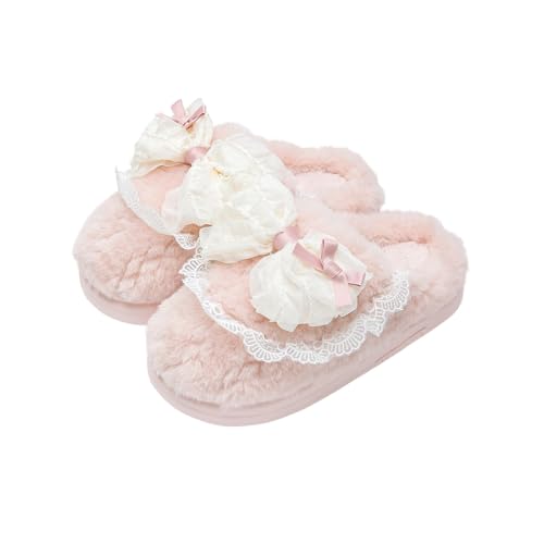 Warm & Fluffy Slippers, Bow & Lace-Adorned Easy On-Off, Indoor Outdoor Autumn Winter Use, Adorable Cute Comfy