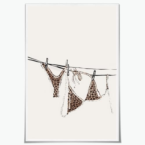 Leopard Bikini Poster Trendy Preppy Beachy Wall Art Coastal Aesthetic Canvas Print Cheetah Bikini on Clothesline Summer Painting Picture Girly Room Dorm Beach Bathroom Decor 12x18inch Unframed