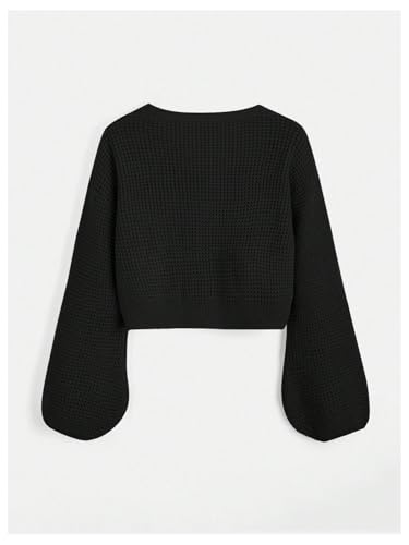 SHENHE Girl's Cardigan Button Down Lantern Sleeve V Neck Knitted Crop Cardigan Sweater2