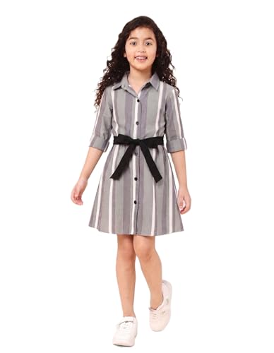 Image of A.T.U.N. (ALL THINGS UBER NICE) Girls 100% Cotton Shirt Dress with Belt | Button-Down Dress with Collar Neck | Soft Breathable Kids Outfit for Girls