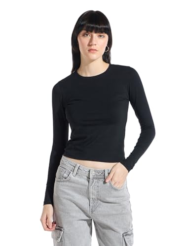 Image of Bewakoof Women's Solid Slim Fit Full Sleeve Round Neck Cotton Lycra Blend Top