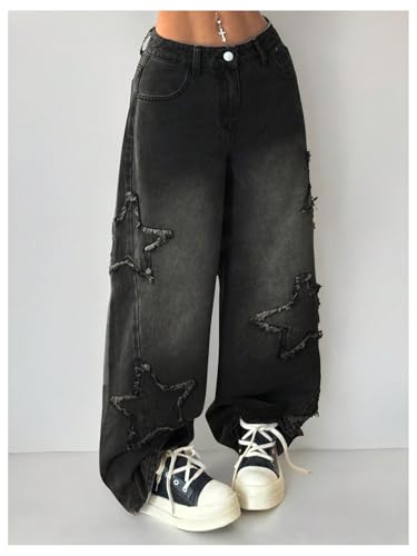 WDIRARA Women's Star Baggy Jeans Raw Trim Wide Leg Denim Pants Grunge Punk Streetwear2