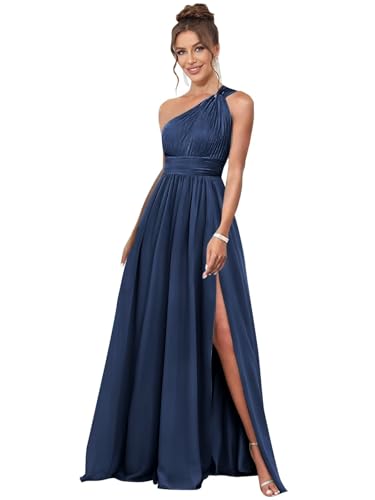 MAGGCIF One Shoulder Bridesmaid Dresses for Women with Pockets A Line Chiffon Ruffle High Low Formal Evening Gown