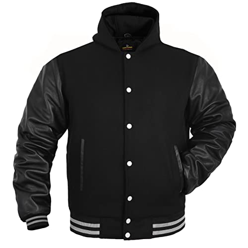 Image of Deckra Men's Varsity Jacket Genuine Leather Sleeve and Wool Blend Letterman Boys College Varsity Jackets with Hood XXS-5XL