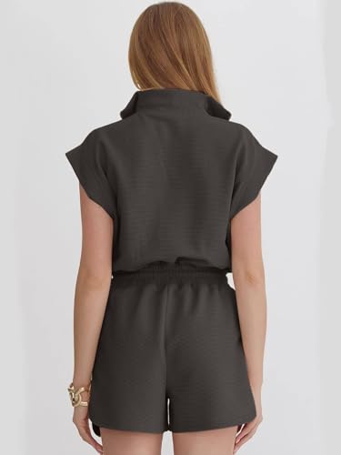 Image of Rompers for Women Summer Short Sleeve Half Zip Lapel Collar Jumpsuit Casual Drawstring One Piece Outfits with Pockets